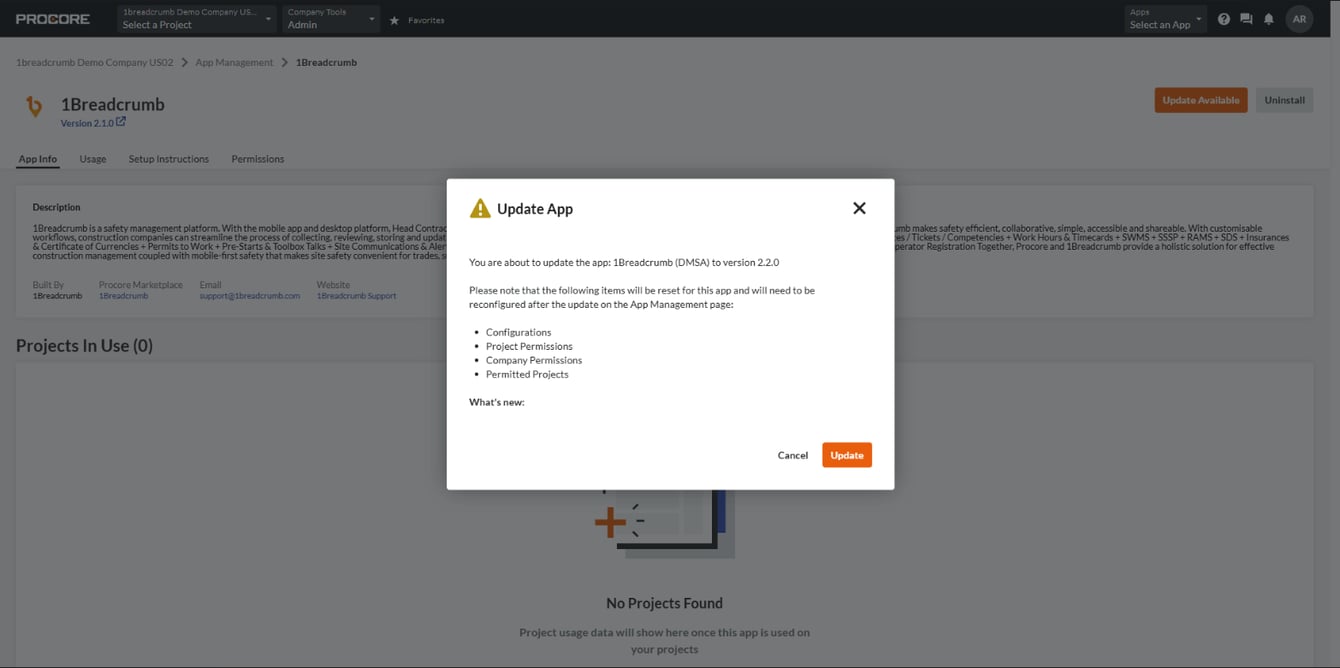 Version 2.3.0 Update Procore Integration (Manual Project sync)