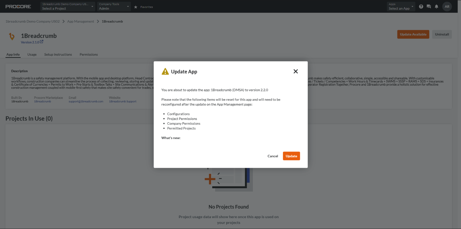 Version 2.3.0 Update Procore Integration (Manual Project sync)