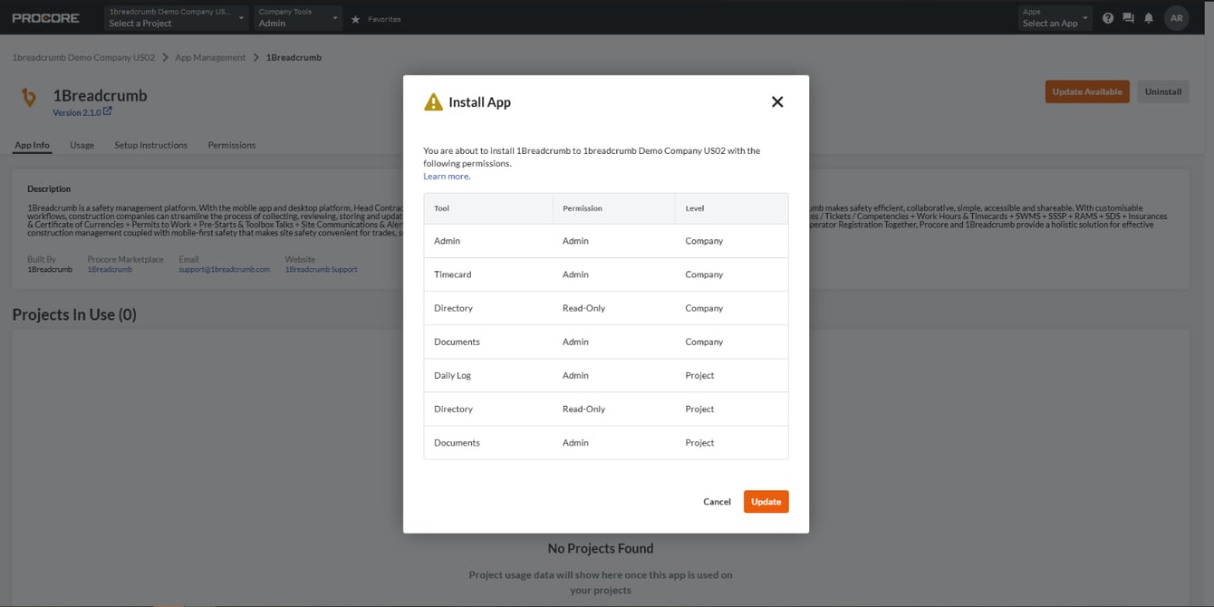 Version 2.3.0 Update Procore Integration (Automatic Project sync)