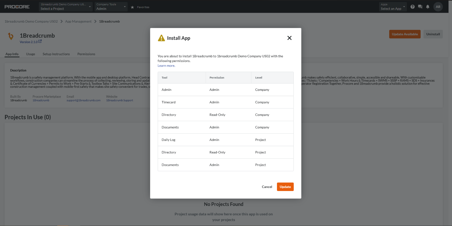 Version 2.3.0 Update Procore Integration (Automatic Project sync)