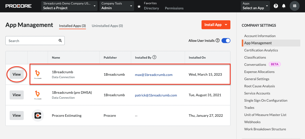 Initial Procore + 1Breadcrumb Integration (Manual Project Syncing)