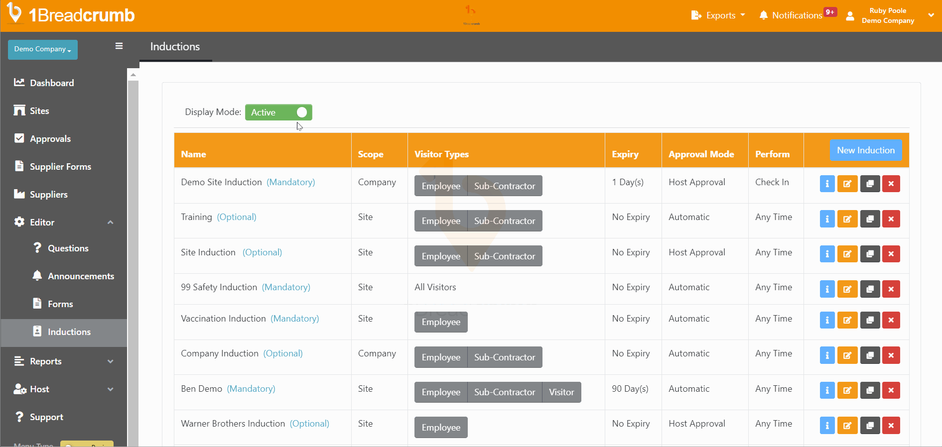 View of Deactivate or Reactivate an Induction