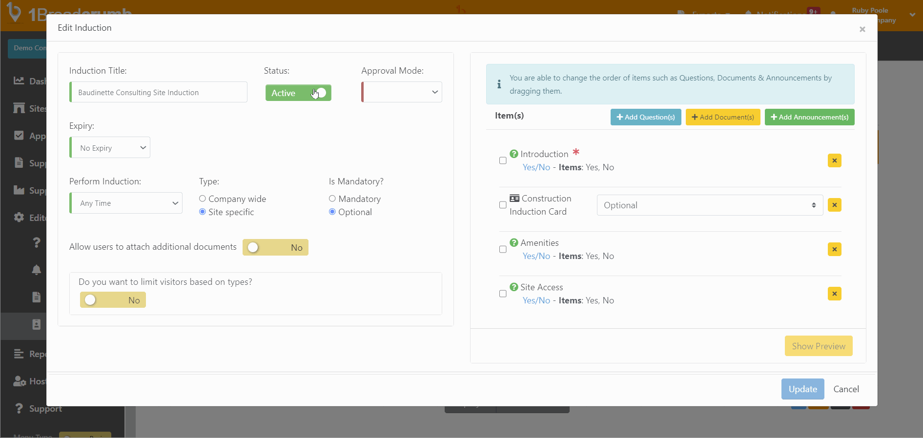 View of Deactivate or Reactivate an Induction